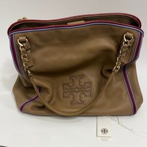 Tory Burch Harper Stripe tote bag.Color is vintage Camel